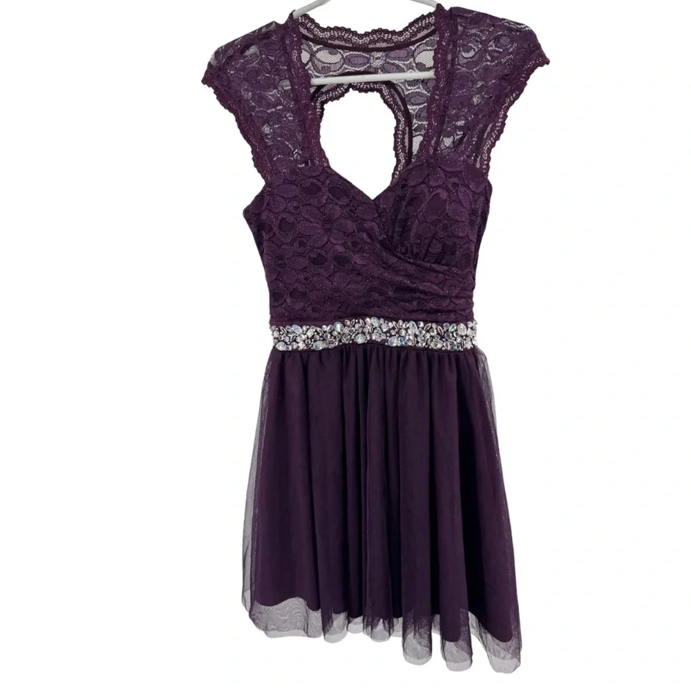 Deb Plum Purple Mini Dress lace tulle rhinestones open back 5 formal HOCO party